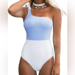 Textured White and Light Blue One shoulder Tie Cupshe Swimsuit Small